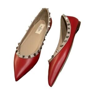 Valentino Garavani Rockstud Red Patent Leather Flats Sz 38.5 NEW